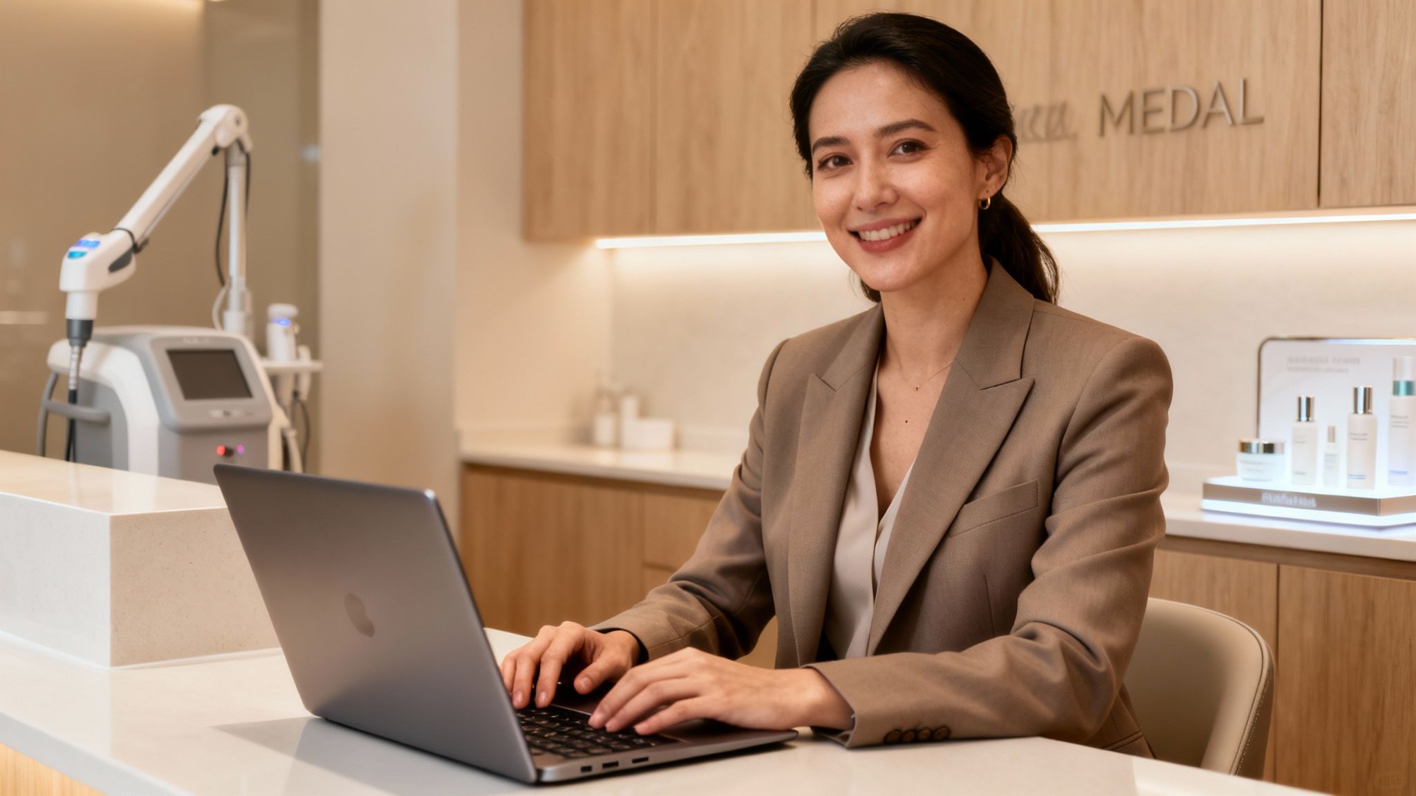 Med spa owner using a computer on Medspa background.