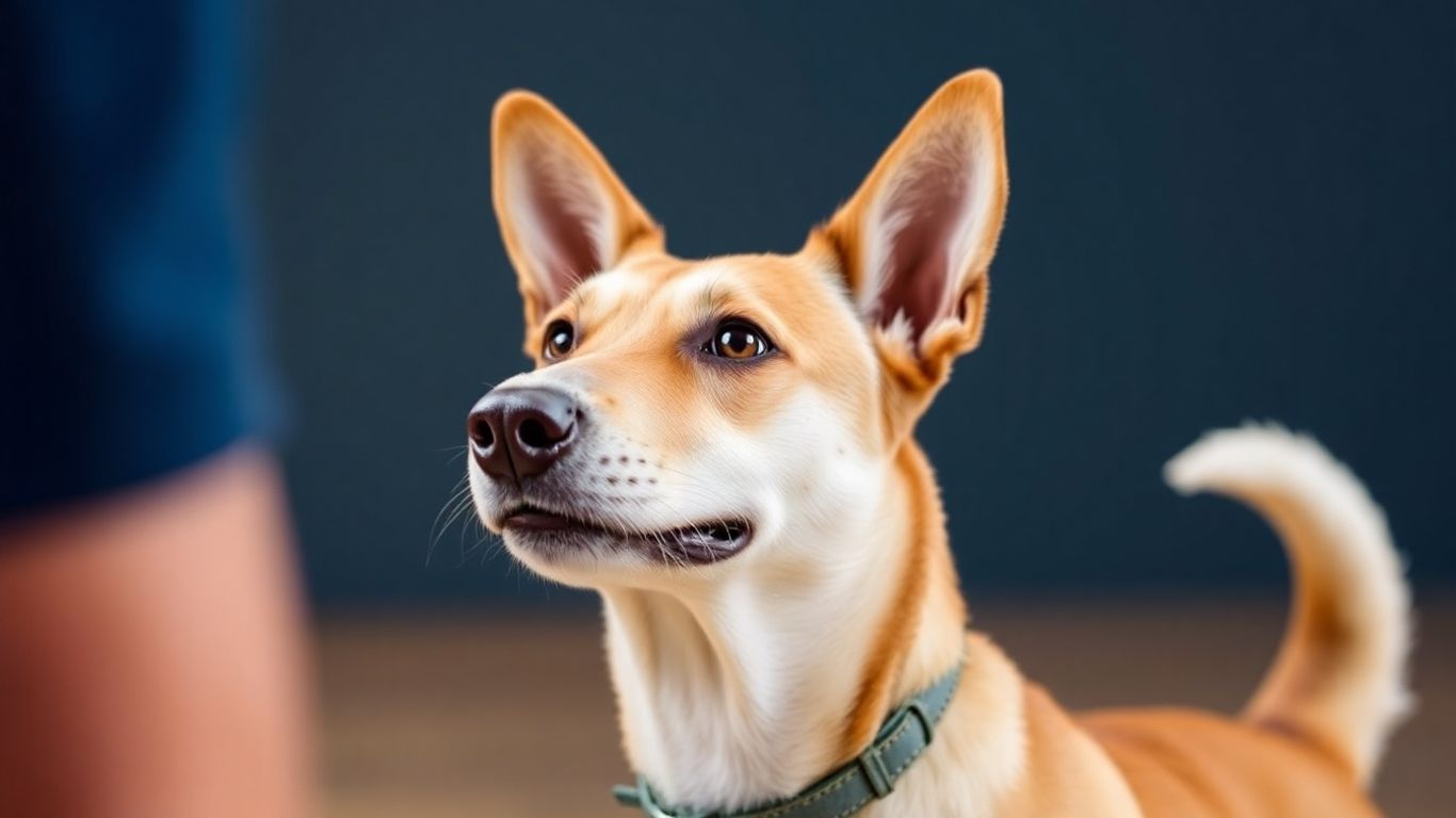 Dog training session with attentive dog and handler.