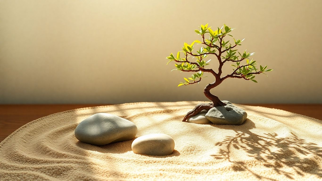 Mini grădină zen cu nisip, pietre și bonsai.