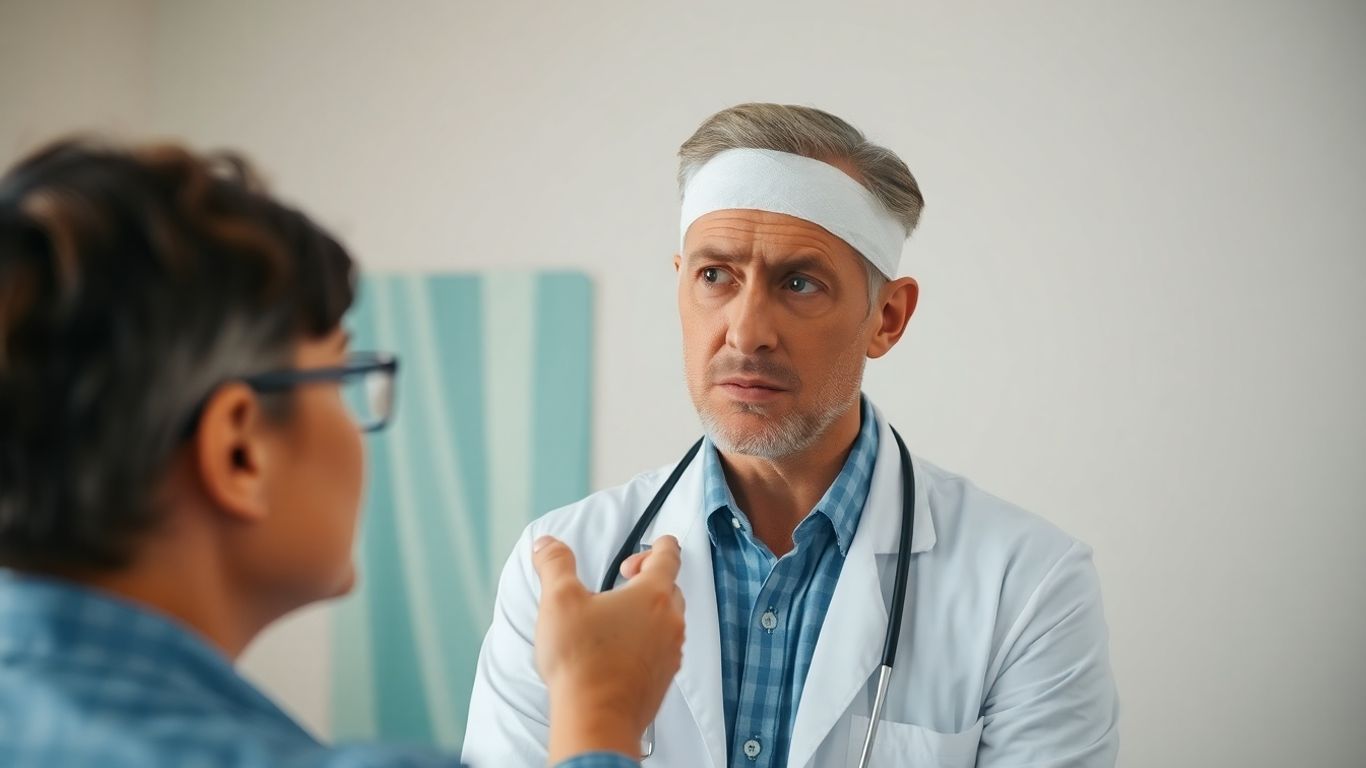 Doctor verifică pacient cu bandaj la cap în cabinet