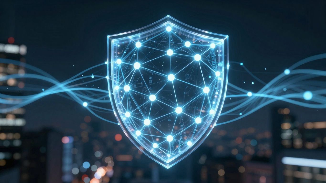 Digital shield protecting network nodes from cyber threats.