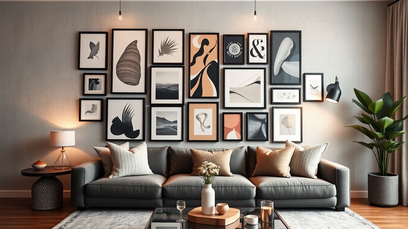Gallery wall art in a textured modern living room