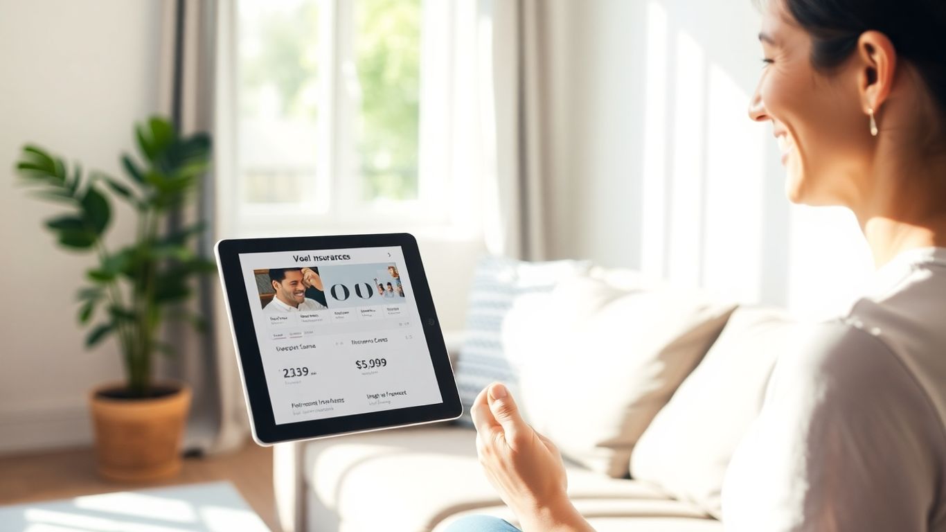 Persona feliz comparando seguros de hogar en una tablet.