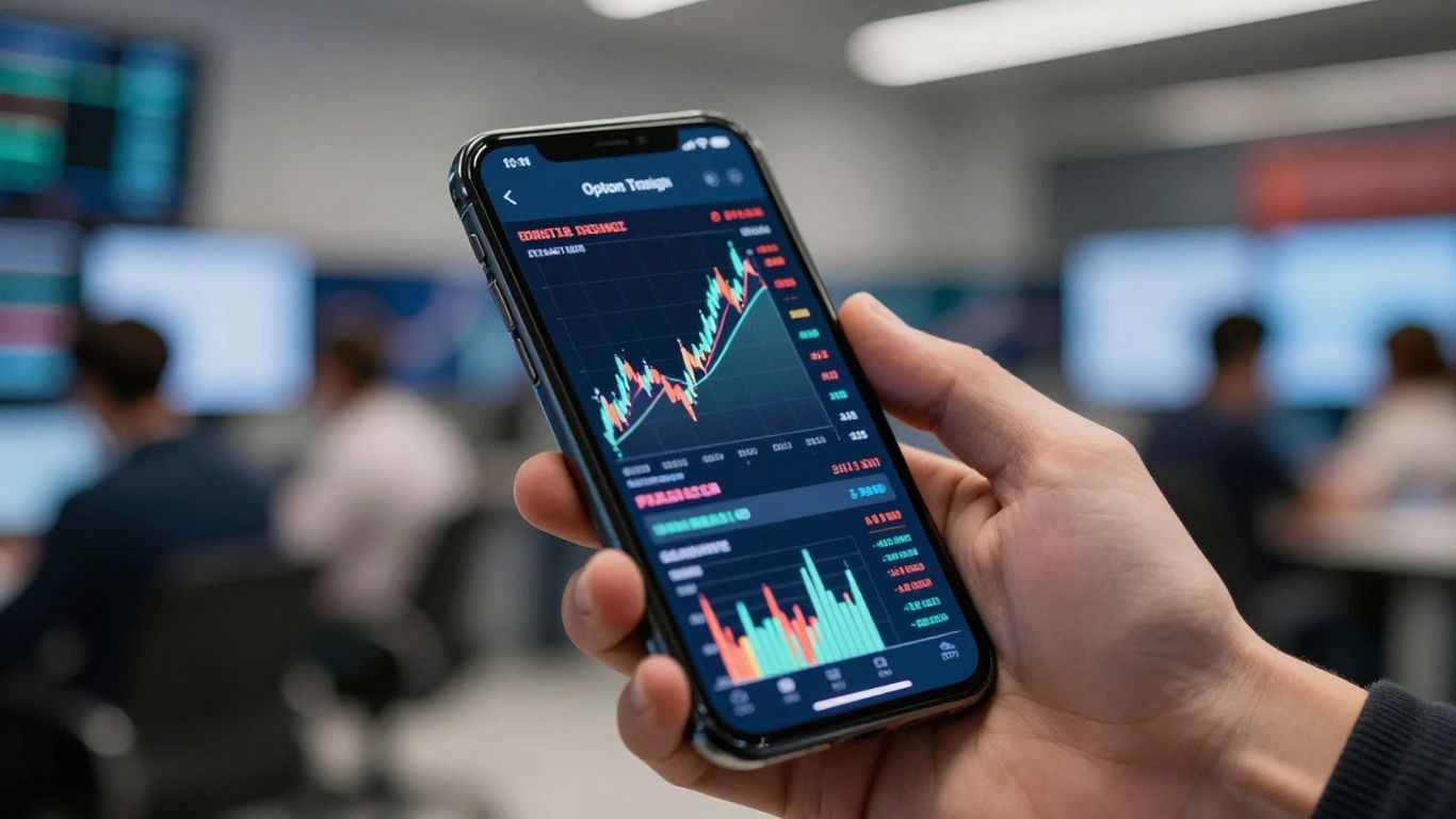 Hand holding phone with abstract market data.