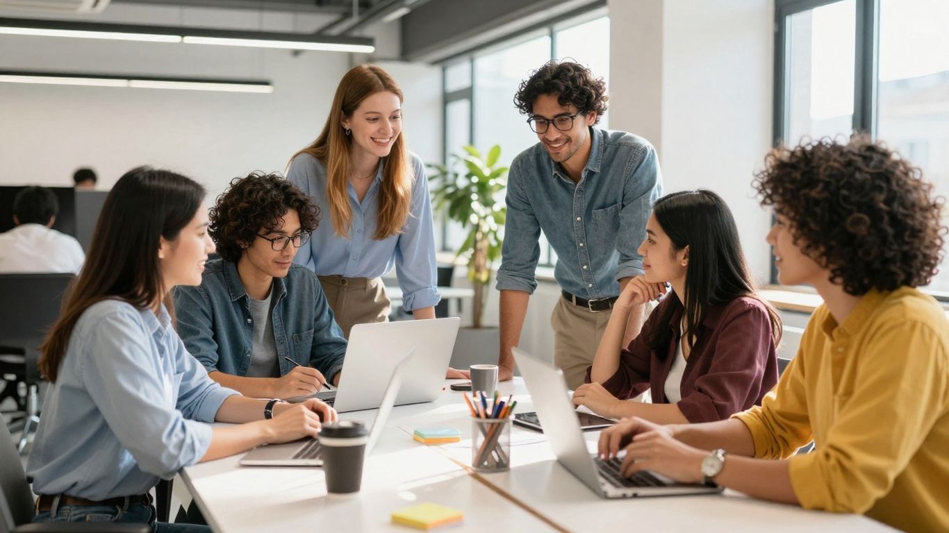 Australian startups in a modern office, discussing funding.