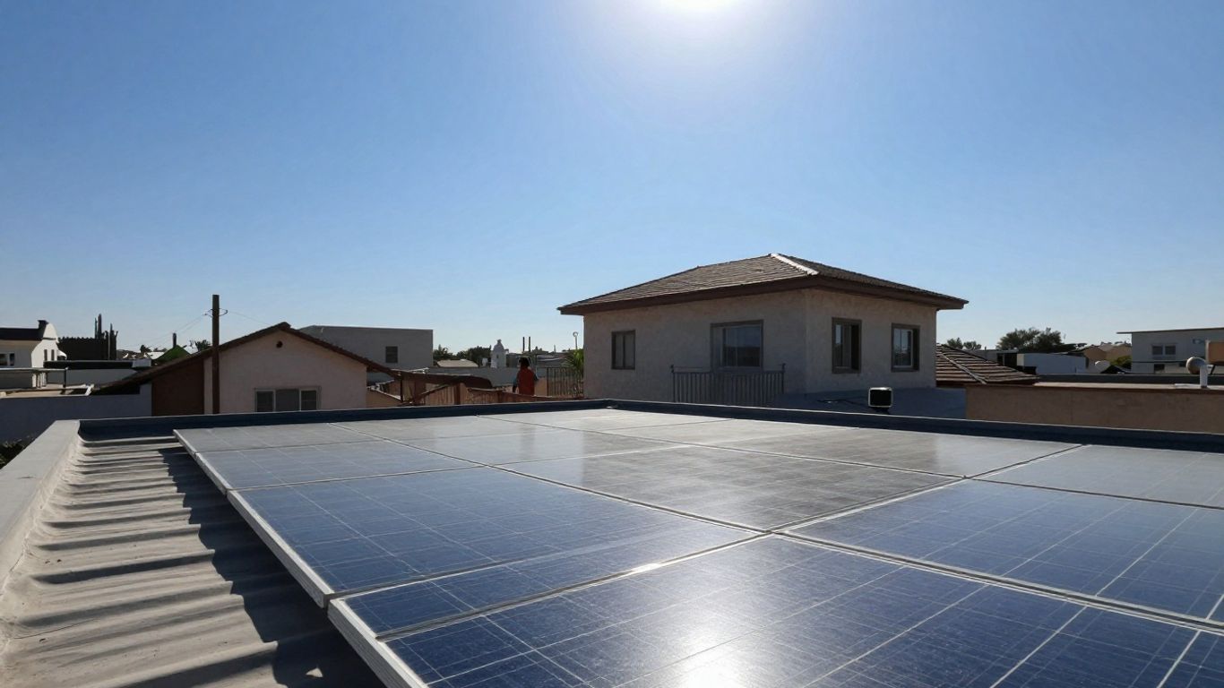 Panneaux solaires sur un toit ensoleillé avec une maison.