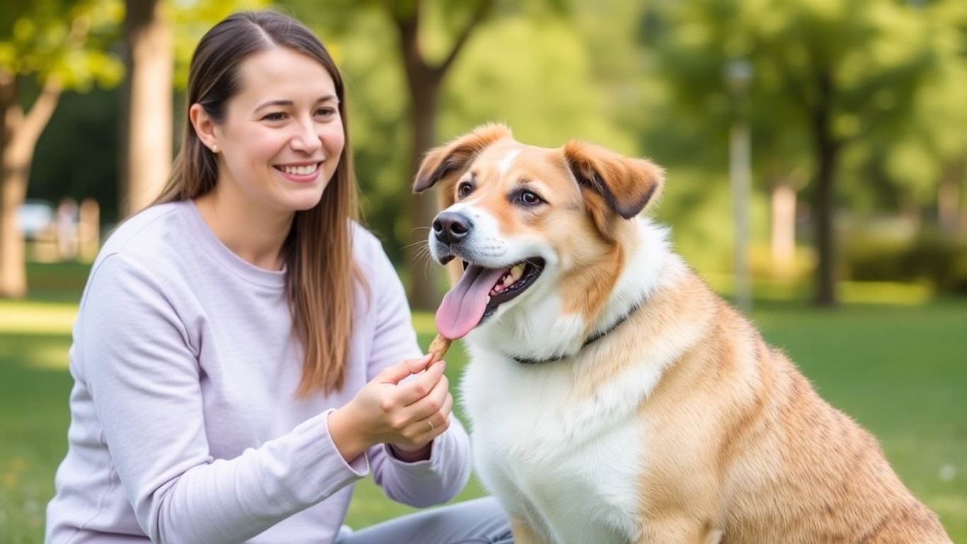 Dog and owner training happily outdoors with a treat.
