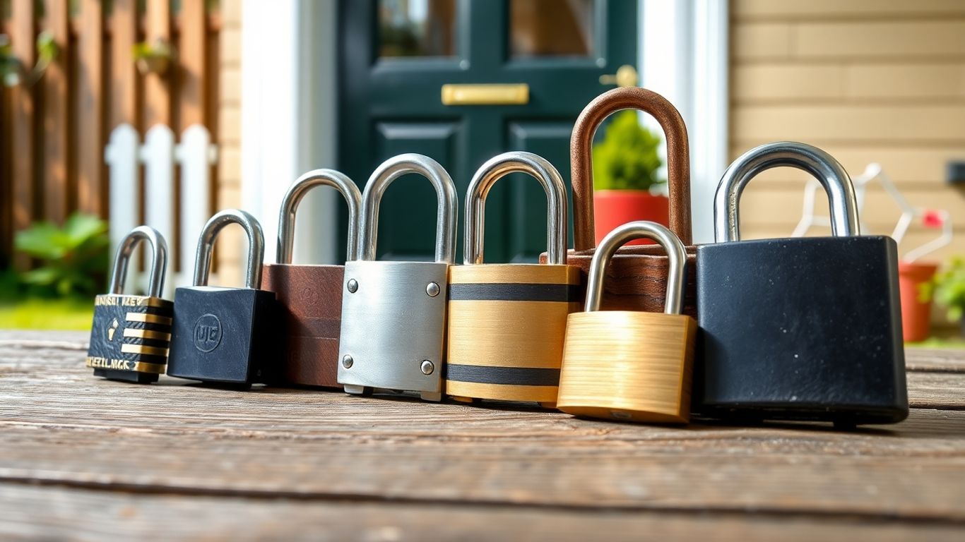 Various padlocks on wooden surface for security options