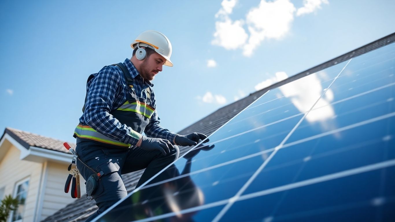 Installateur, der Solarpanels auf einem Wohnhaus installiert