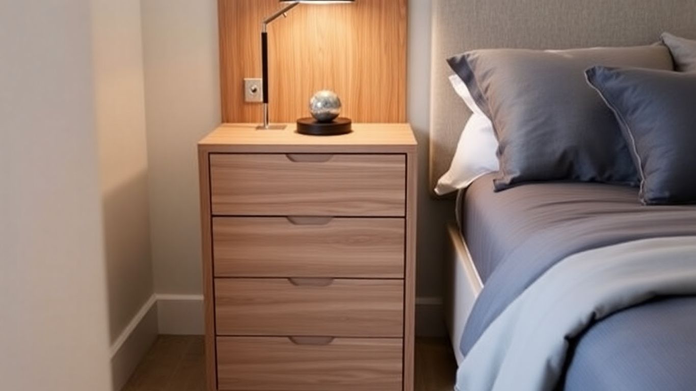 Tydimor 3-drawer nightstand next to a bed.