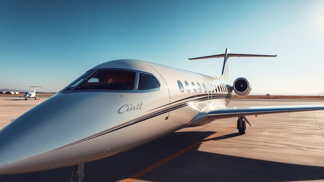 Luxury private jet exterior and interior view.