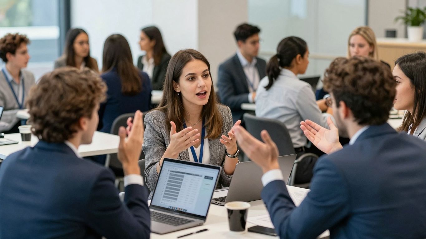 Personnes d'affaires interagissant lors d'un événement de speed dating.