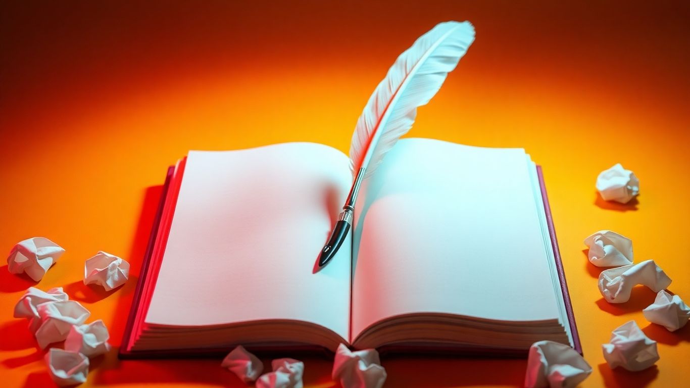 Comedy writing course notebook with quill pen.