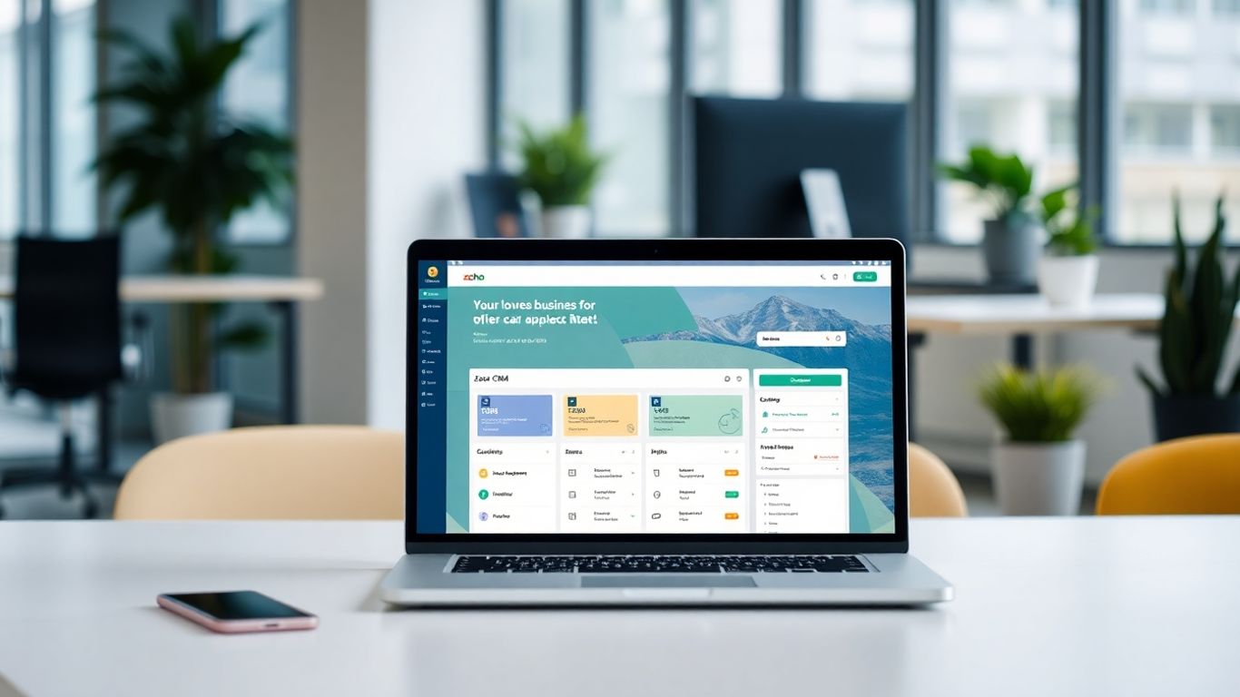 Zoho CRM interface on a laptop screen.