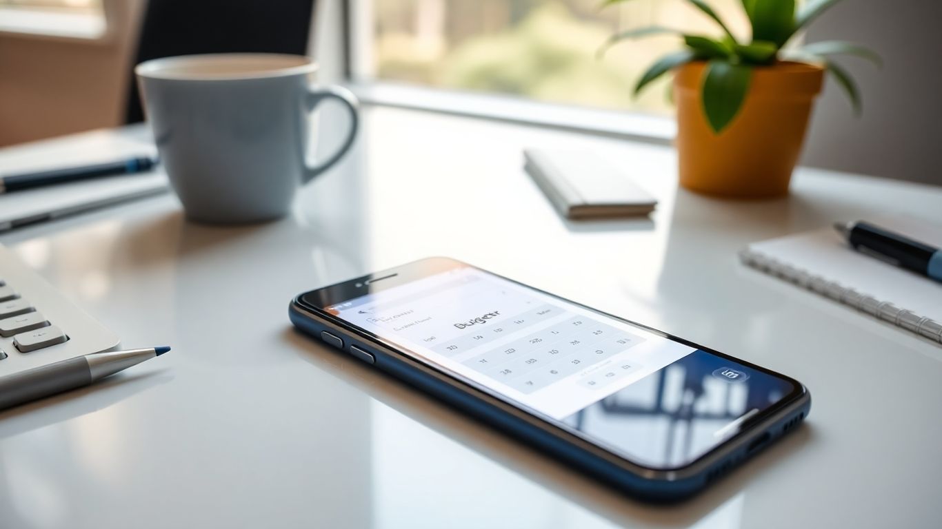 Smartphone with budget calculator on desk near coffee