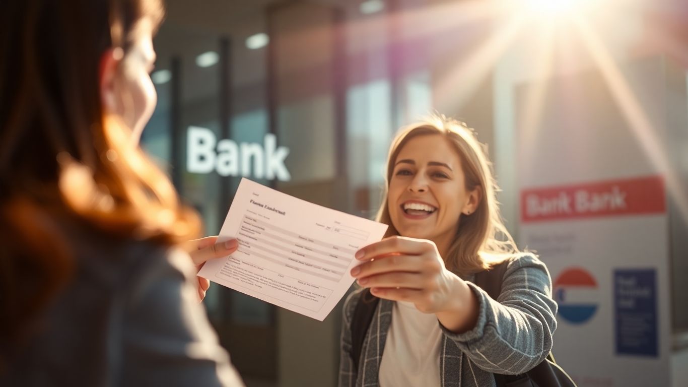 Persona feliz recibiendo documento del banco.