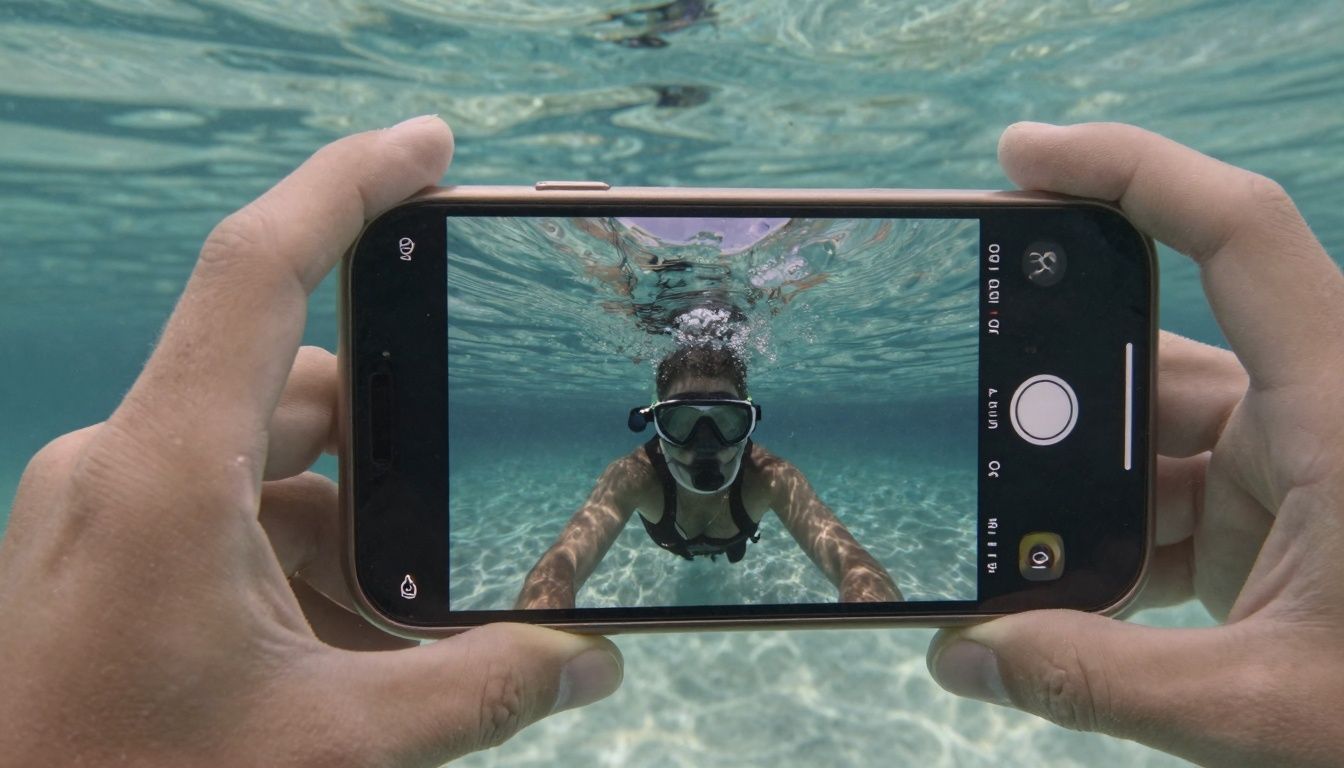 Underwater smartphone being used to take a photo, hands holding the phone, clear water, photorealistic style, no visible brands