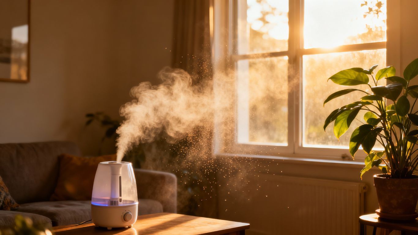 Cozy living room with humidifier misting air.