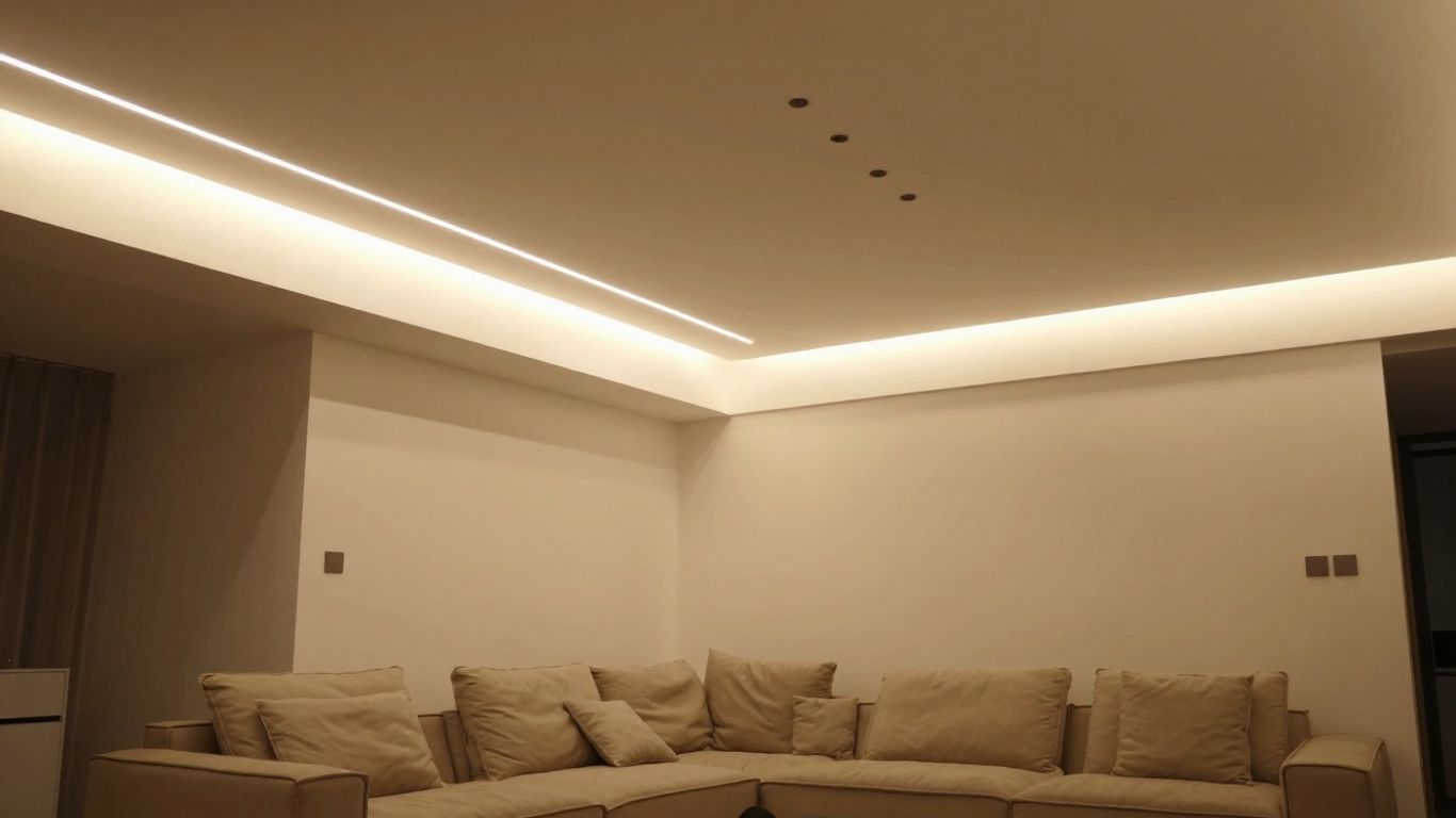 Low ceiling room with ambient LED strip lighting