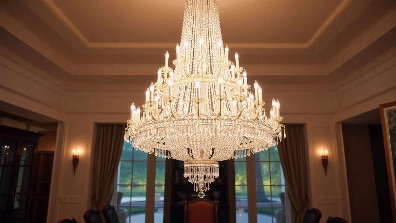 Elegant crystal chandelier hanging in a dining room.
