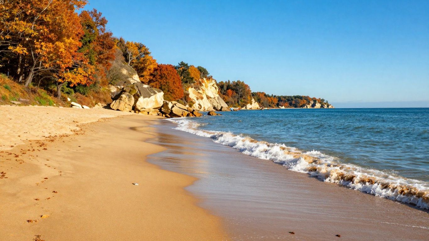 Sunlit beach with autumn trees and ocean waves.