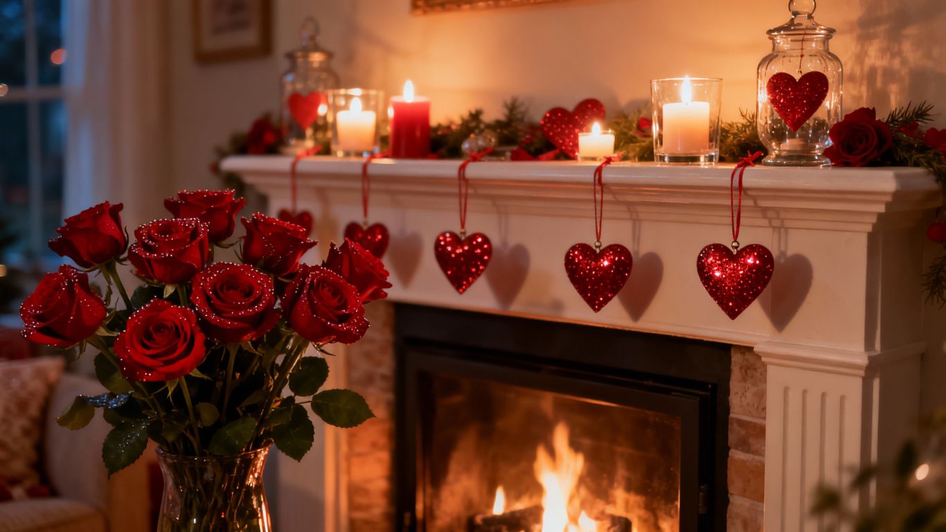 Cozy fireplace decorated for Valentine's Day with roses and candles.