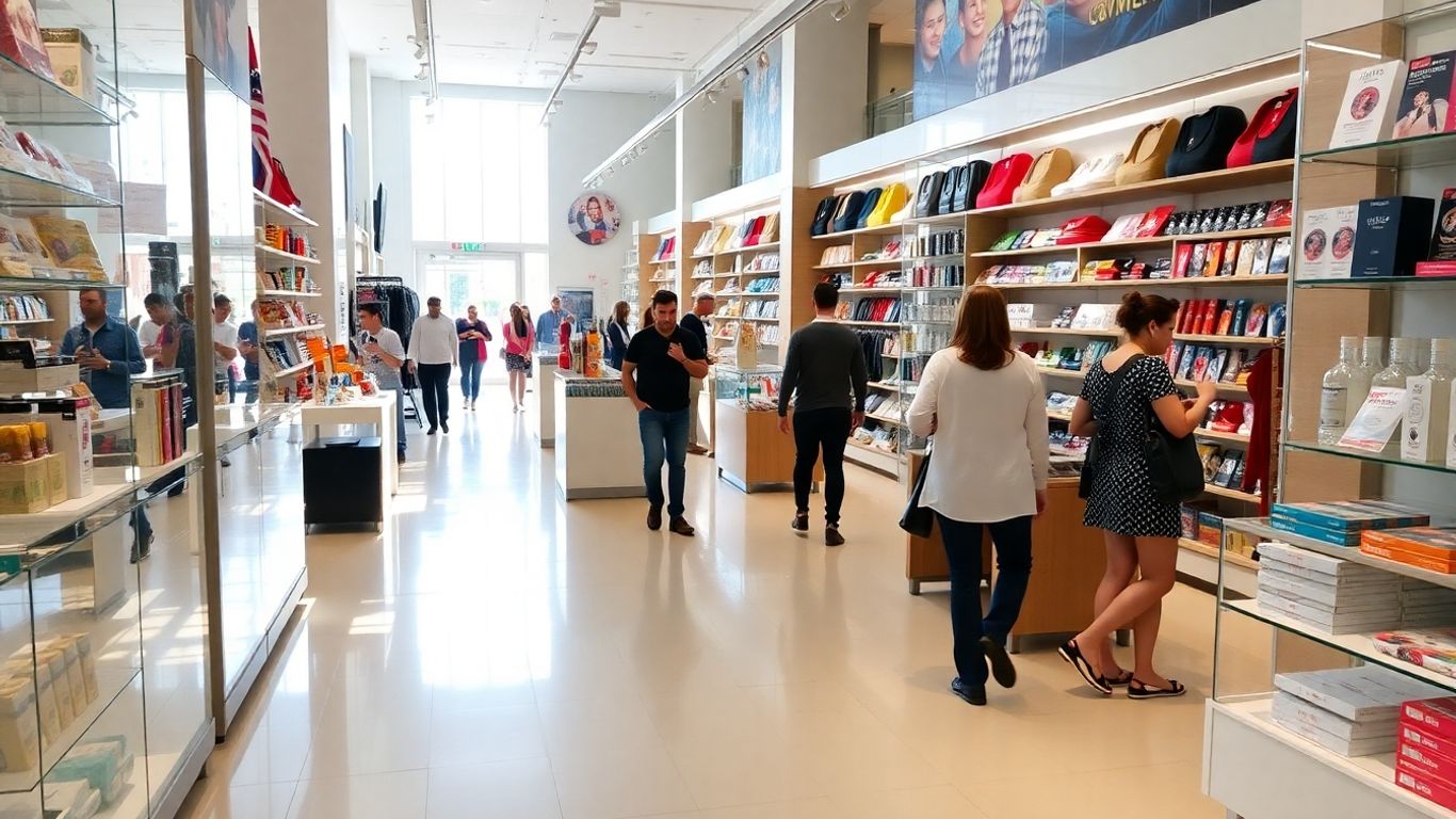 Modern retail store interior with products and customers.