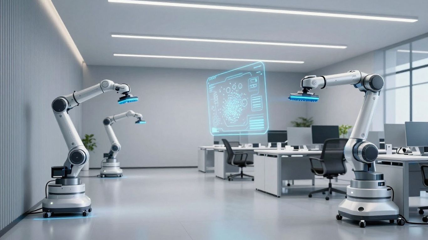 Modern office with robots cleaning and AI interface.