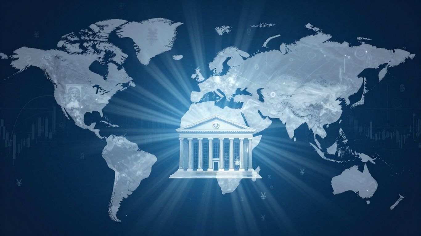 Clădire bancară centrală cu hărți globale și simboluri financiare.