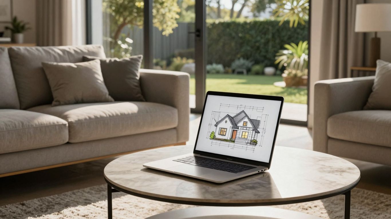 Sala de estar moderna con portátil y plano de casa.