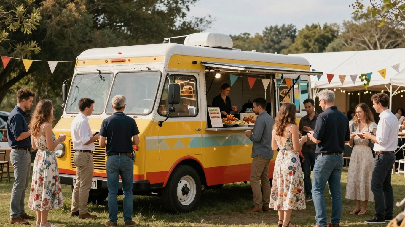 Wedding food truck serving guests at an outdoor reception.