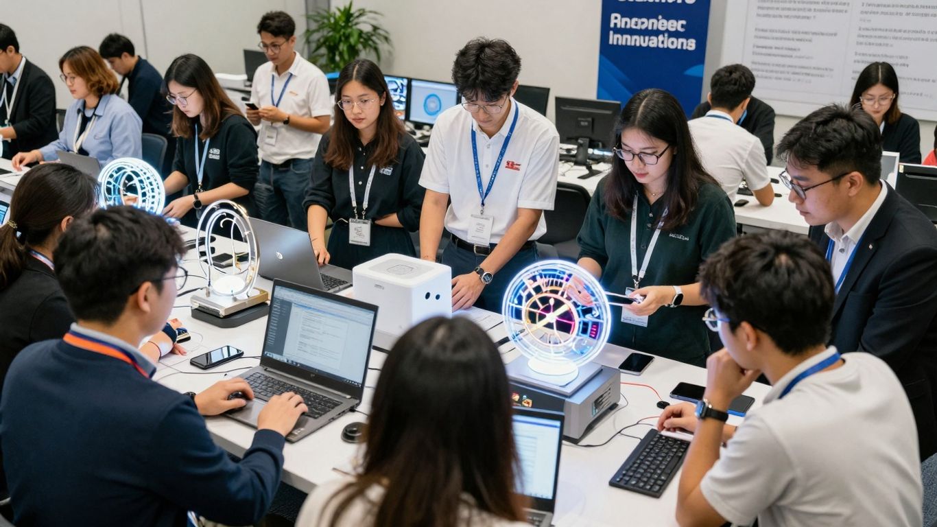 Diverse innovators collaborating on futuristic prototypes.