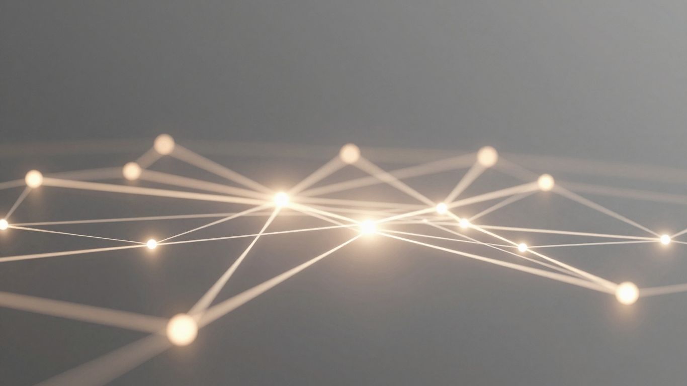 Abstract digital interface with glowing network nodes.