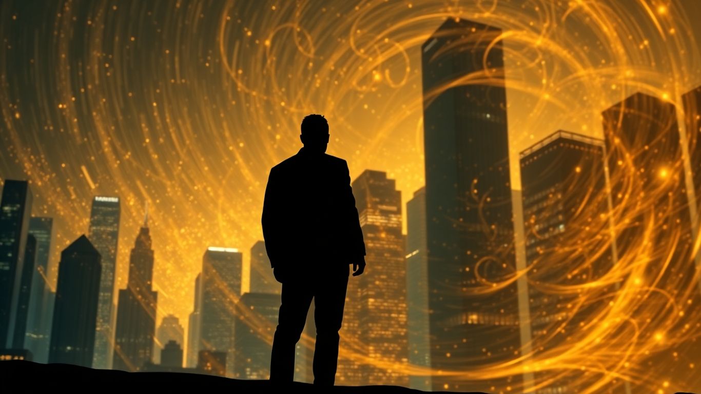 Shadowy figure before a mirage of financial skyscrapers.