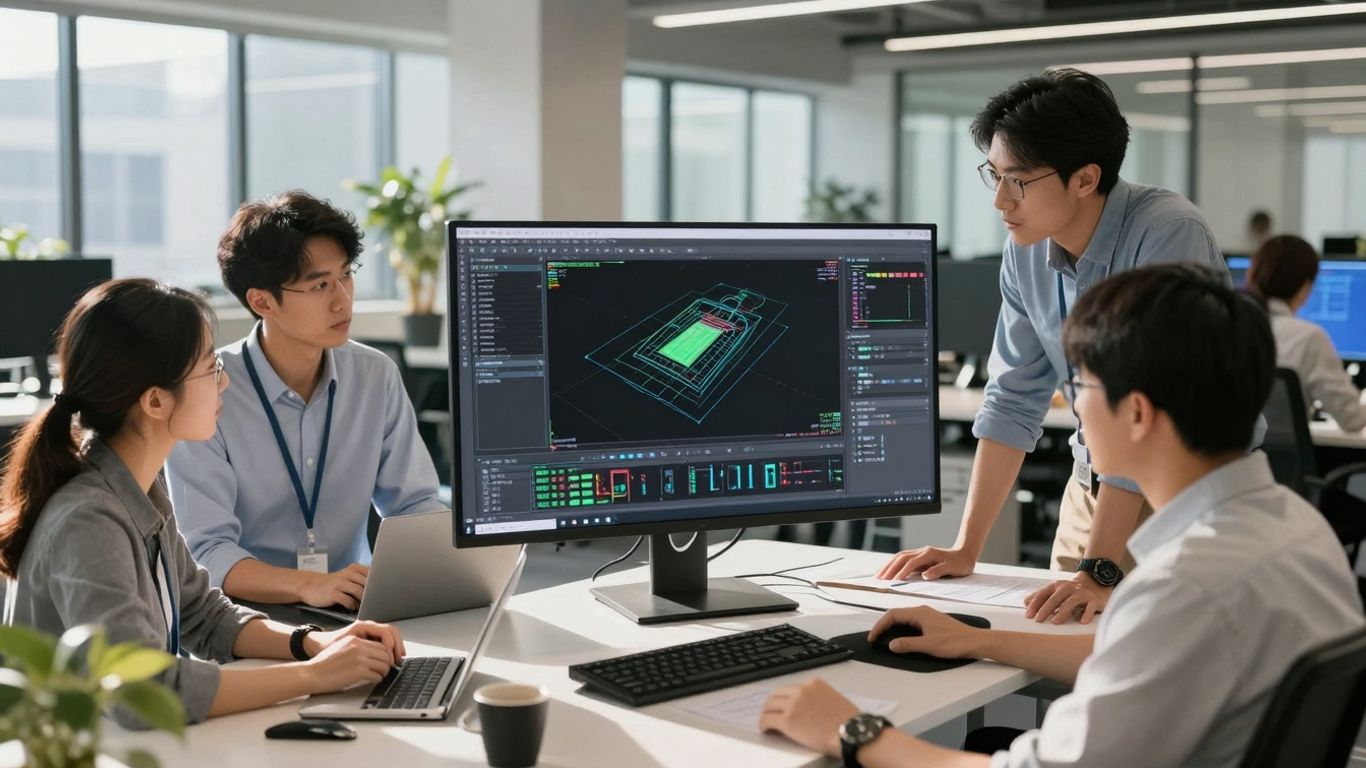 Engineers collaborating on 3D CAD models in an office.