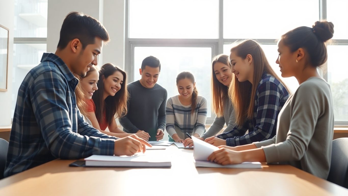 Estudantes em sala de aula moderna, aprendendo juntos.