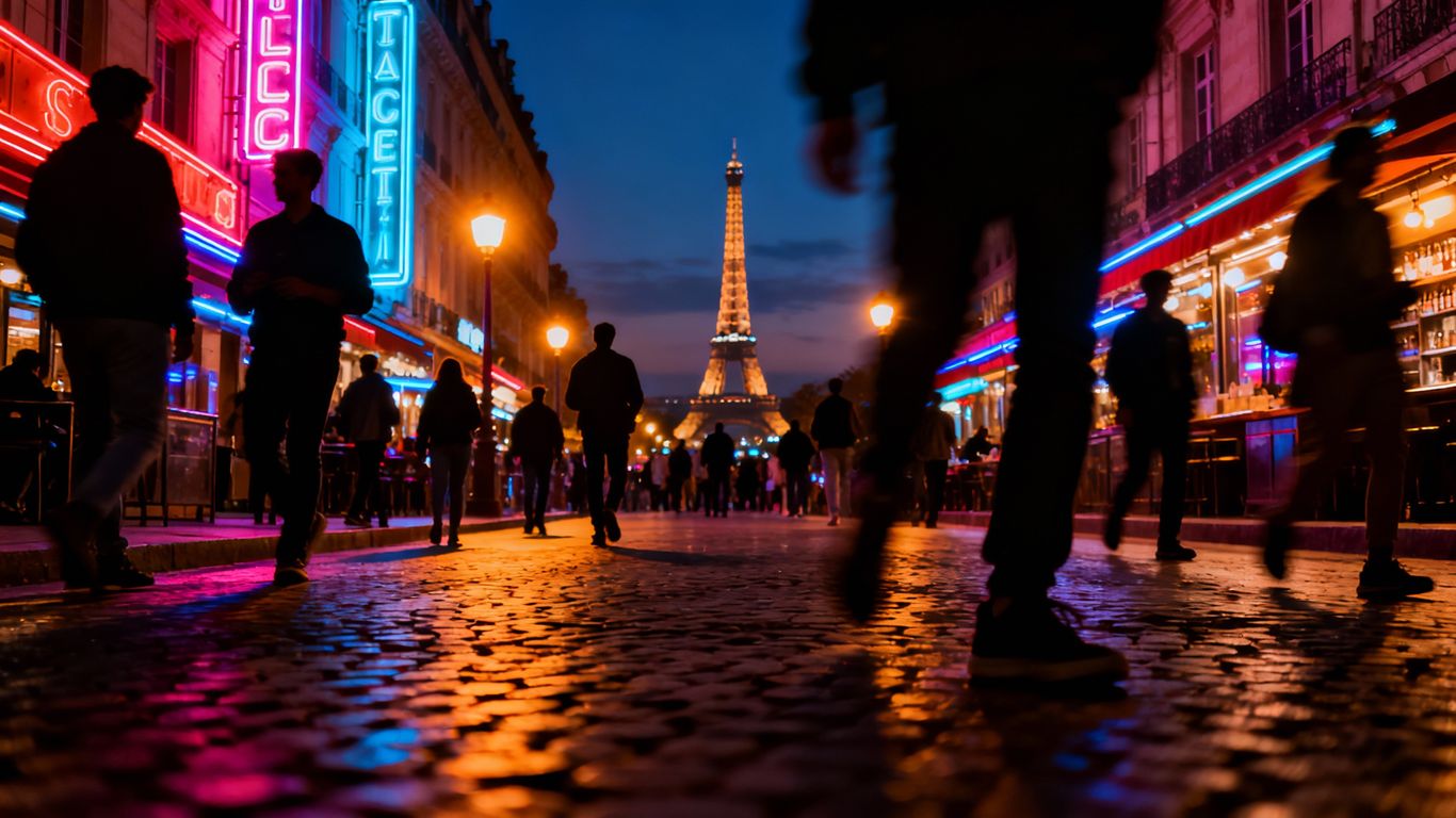 London nightlife scene with illuminated streets and people.