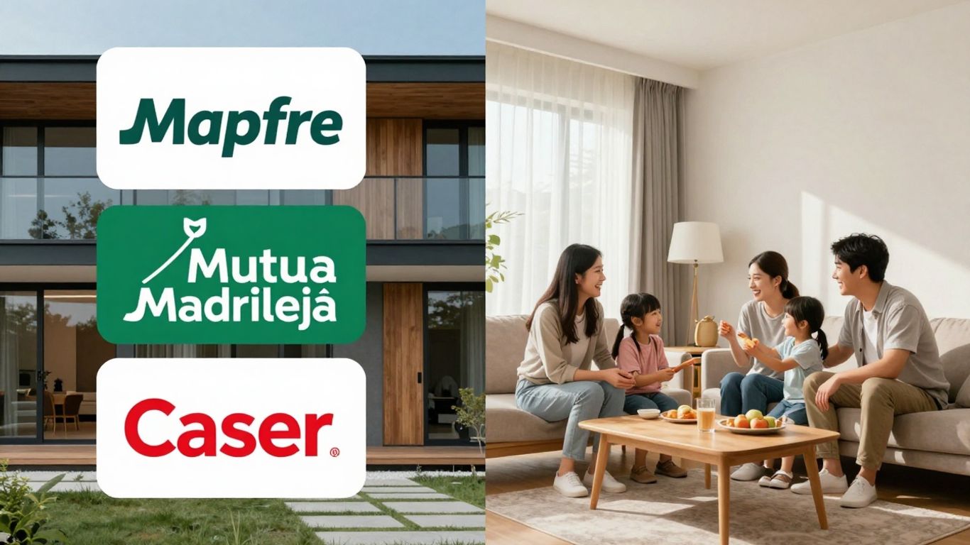 Logos de Mapfre, Mutua Madrileña y Caser con casas.