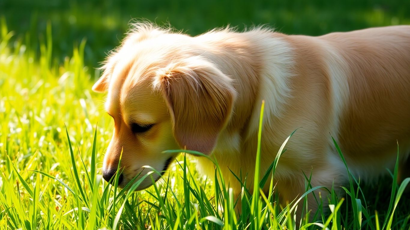 Cão comendo relva num campo verde e ensolarado.