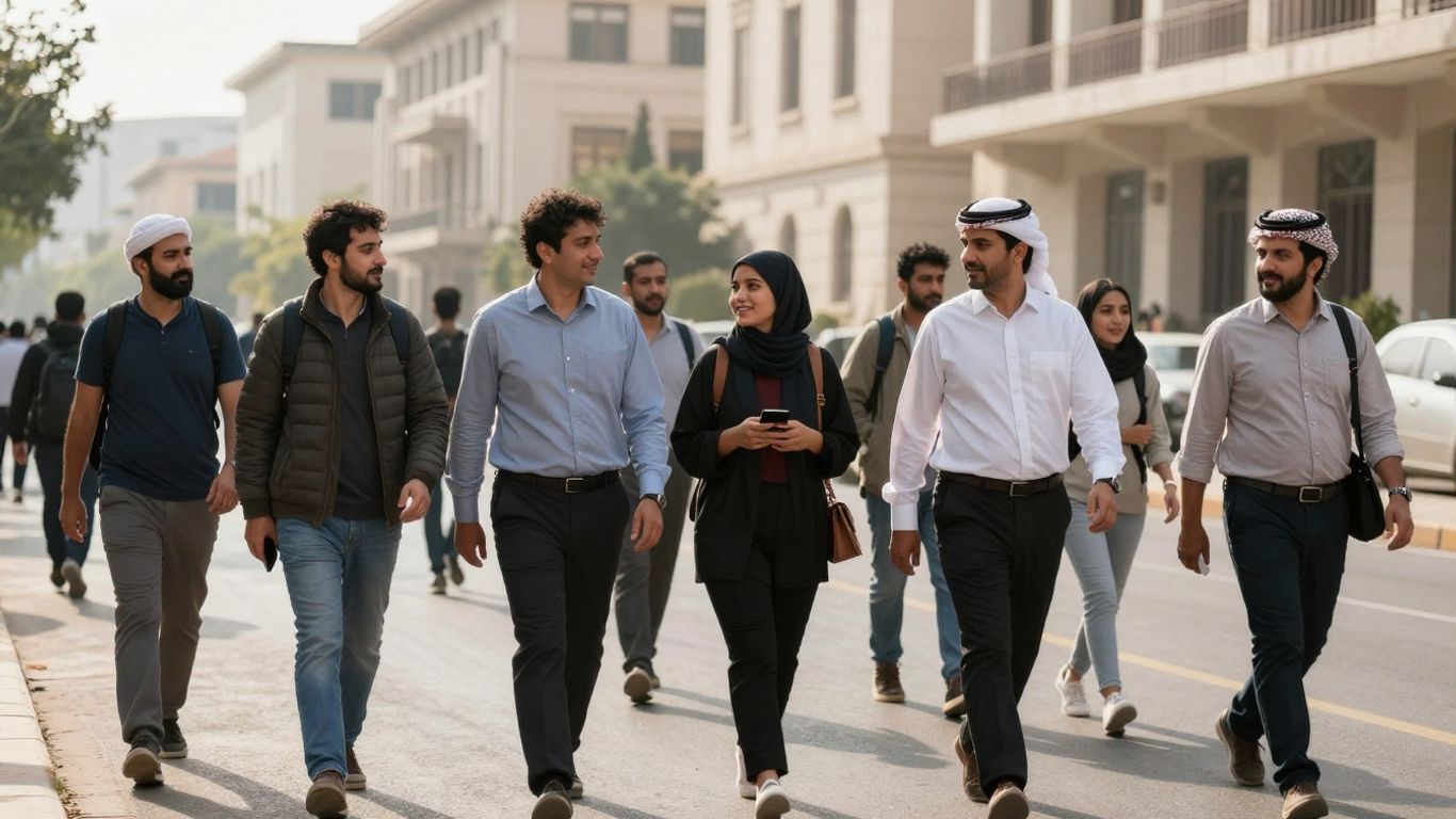 Cetățeni pe o stradă urbană, clădiri guvernamentale în fundal.