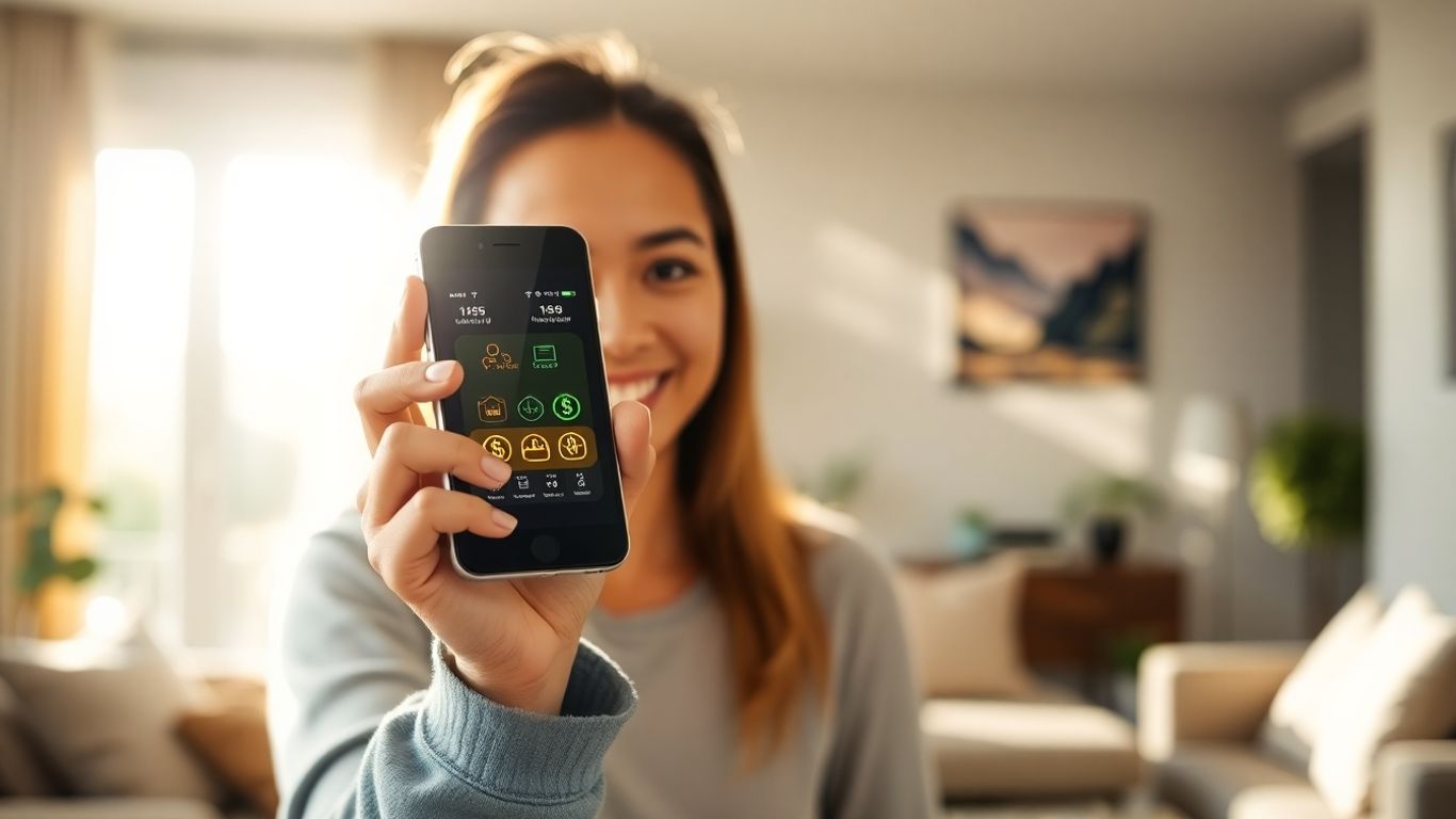 Pessoa sorrindo com celular e ícones financeiros brilhantes.