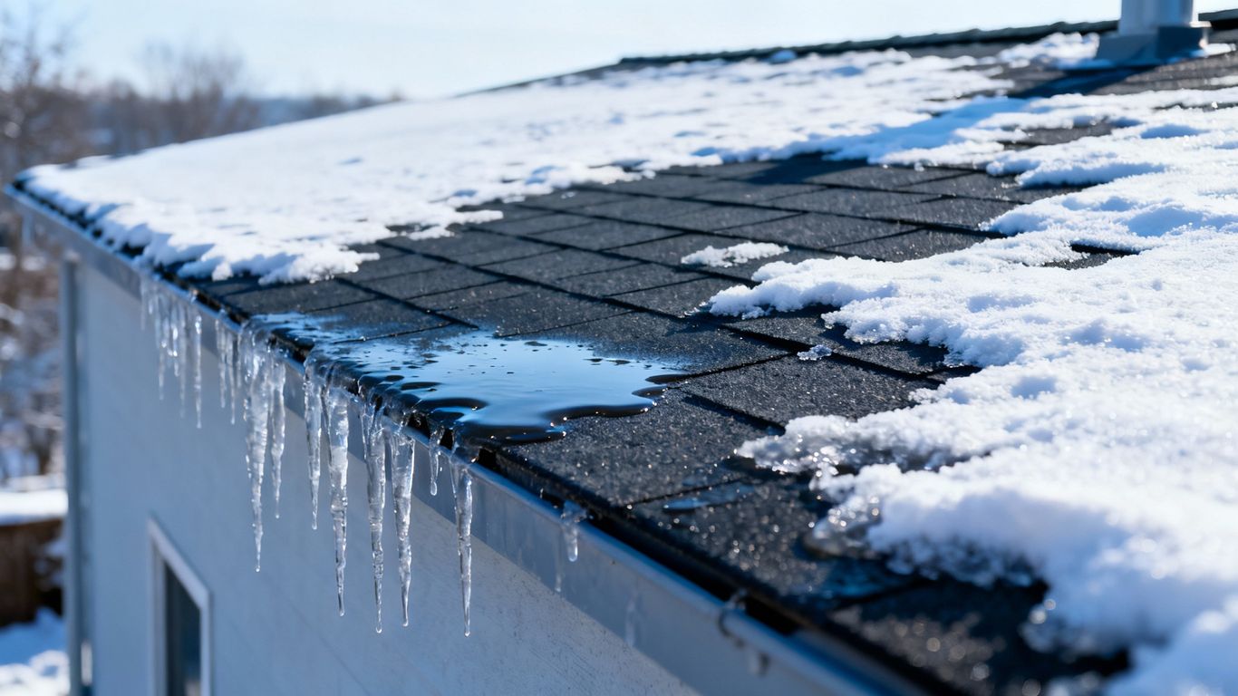 Winter flat roof with icicles and snow.