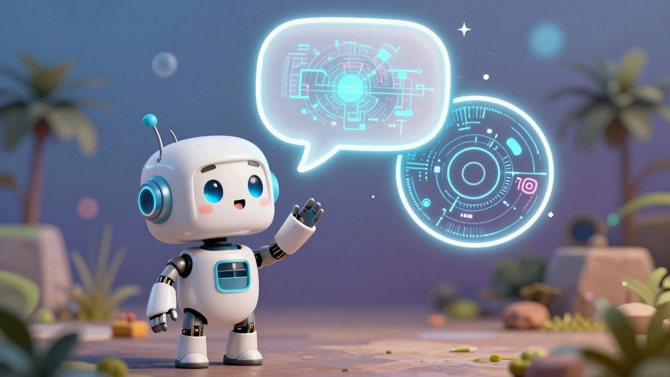 AI chatbot interface with a friendly robot and chat bubble.