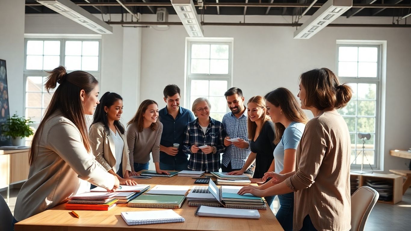Creative team collaborating in modern studio with natural light.