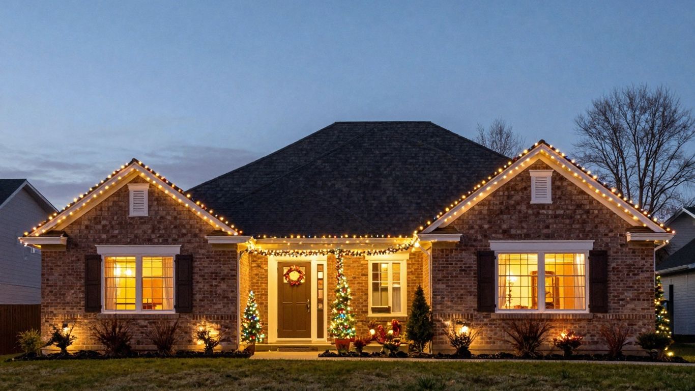 House with permanent Christmas lights glowing at dusk.