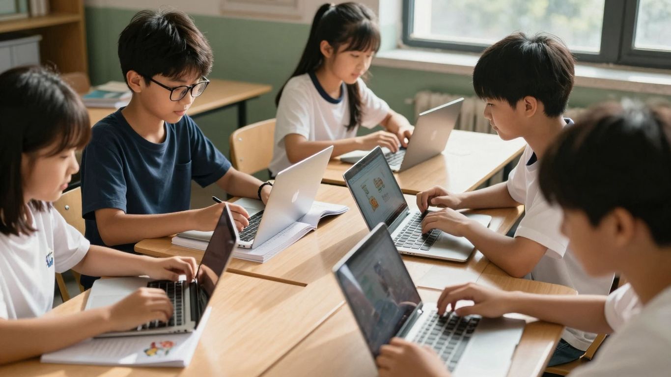 Clasă modernă cu elevi folosind dispozitive digitale și materiale tradiționale.