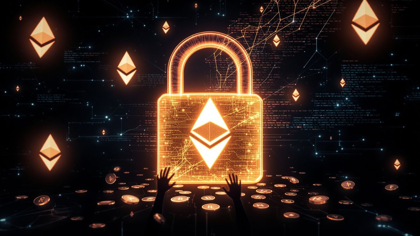 Ethereum symbols attacked by malicious code and shadowy figures.