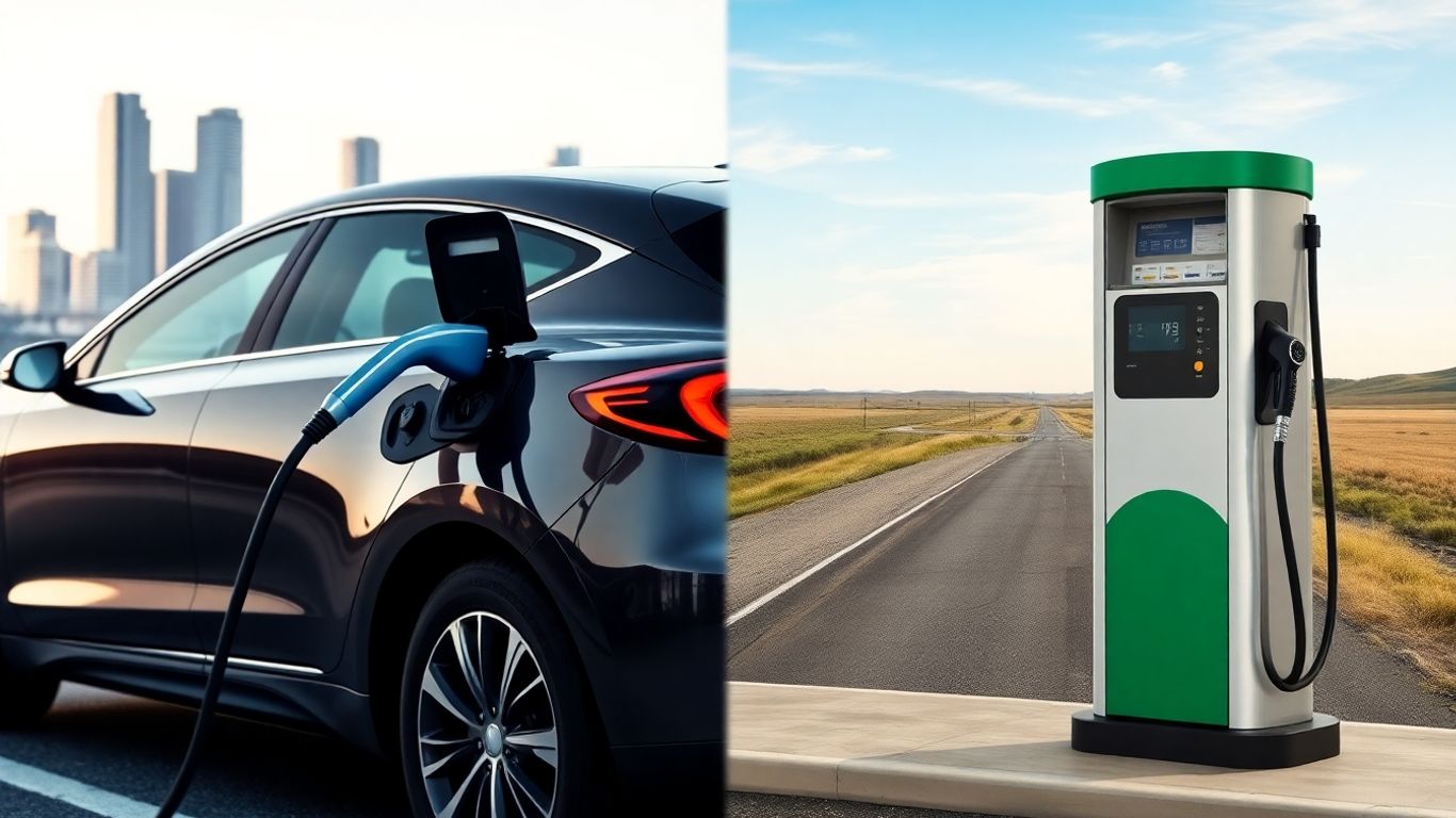Electric car charging next to a gas pump.