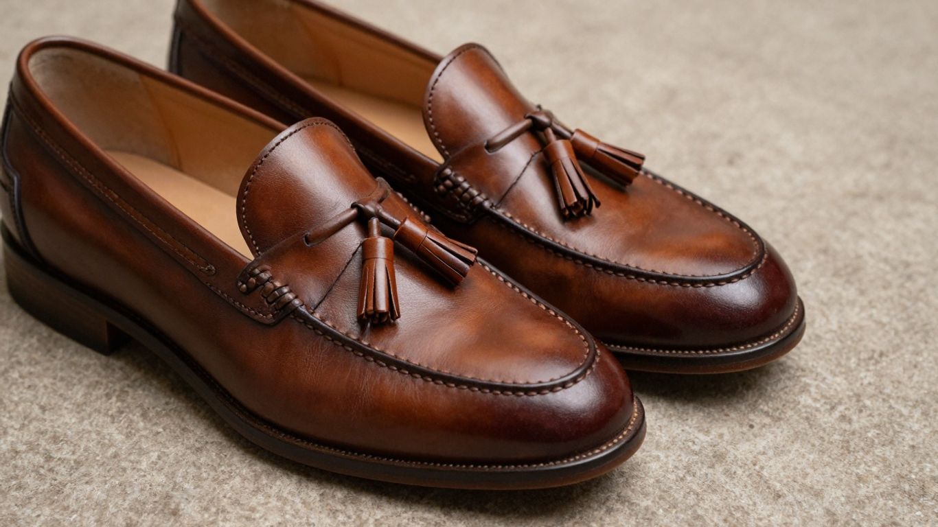 Brown tassel loafers on a neutral background.