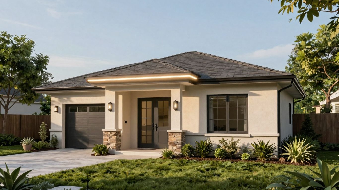 Casa moderna con escudo protector brillante sobre el tejado.